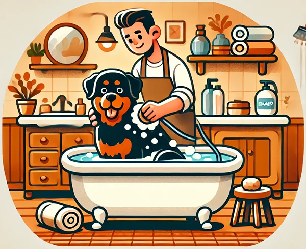 Bathing Rottweiler with hypoallergenic shampoo to manage seasonal allergies