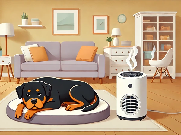 Rottweiler relaxing in a clean living space with an air purifier to reduce allergens