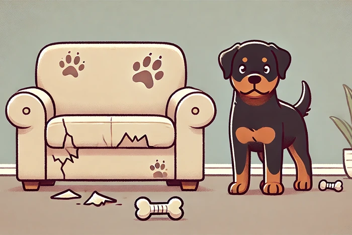 Rottweiler standing next to a sofa with chew marks