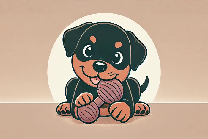 Rottweiler puppy chewing on a soft toy to ease teething pain